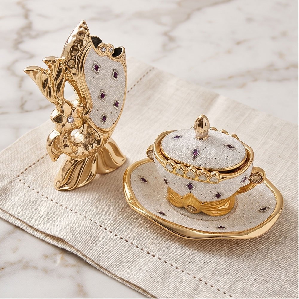 Luxury Gilded Crystal Porcelain Gift Set Featuring an Elegant Lidded Cup on Stand and Decorative Vase - Image 2