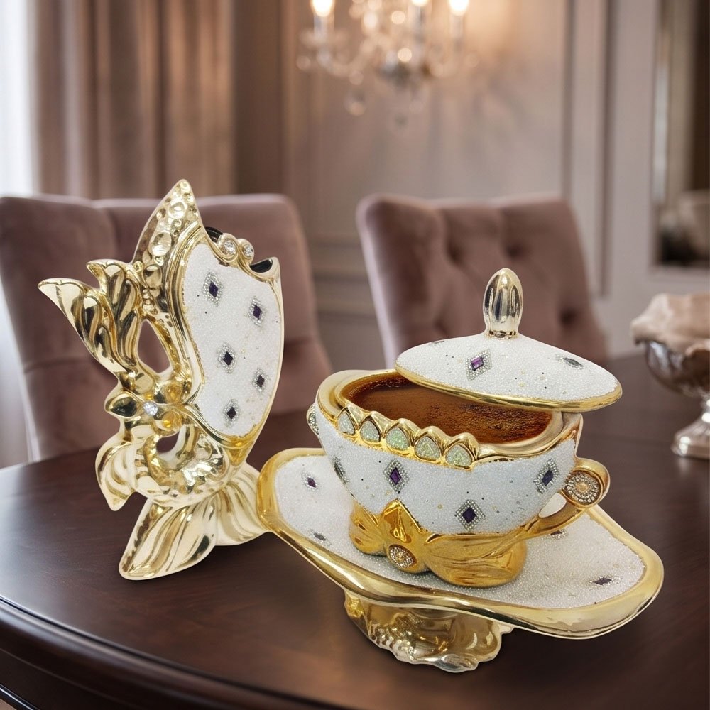 Luxury Gilded Crystal Porcelain Gift Set Featuring an Elegant Lidded Cup on Stand and Decorative Vase - Image 3