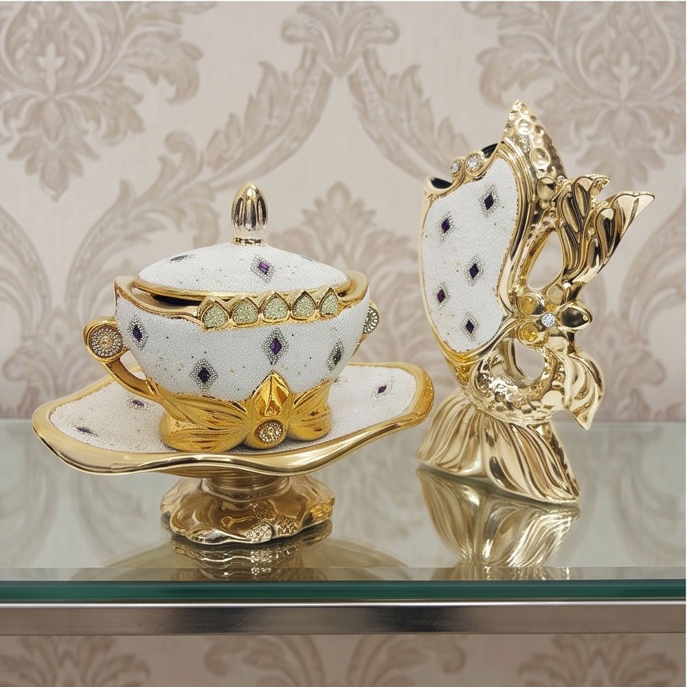 Luxury Gilded Crystal Porcelain Gift Set Featuring an Elegant Lidded Cup on Stand and Decorative Vase - Image 4