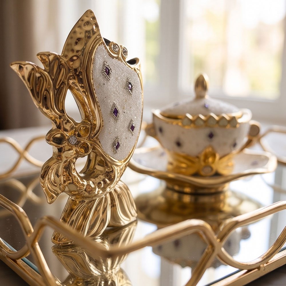 Luxury Gilded Crystal Porcelain Gift Set Featuring an Elegant Lidded Cup on Stand and Decorative Vase - Image 5