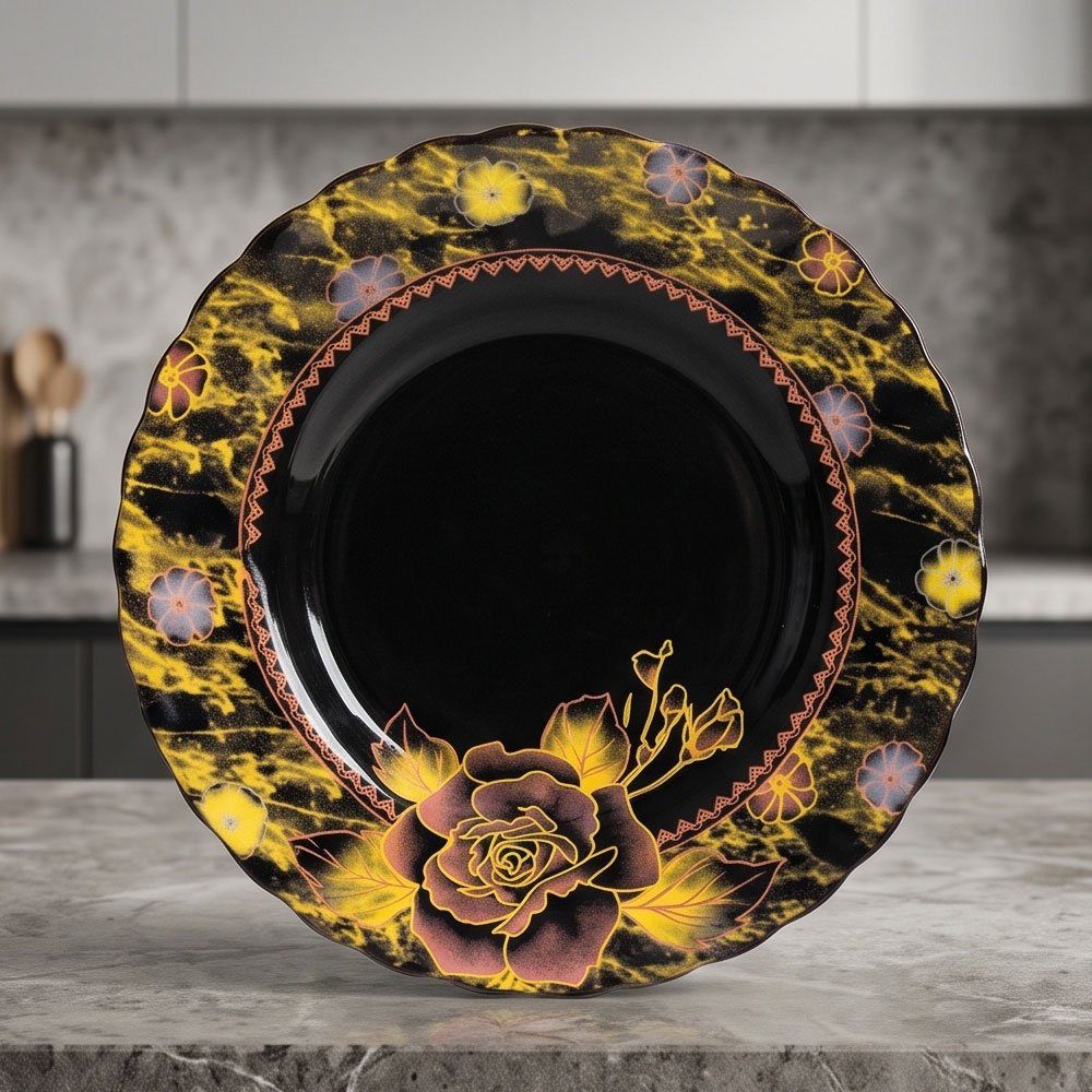 67-Piece Luxury Round Black Arcopal Dinner Set Featuring Golden Rose and Marble Effects