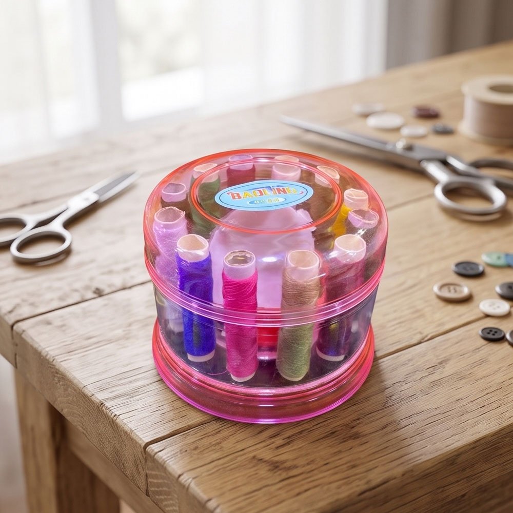 Round Clear Sewing Kit Storage Box Case with Multi Color Thread Spools - Image 3