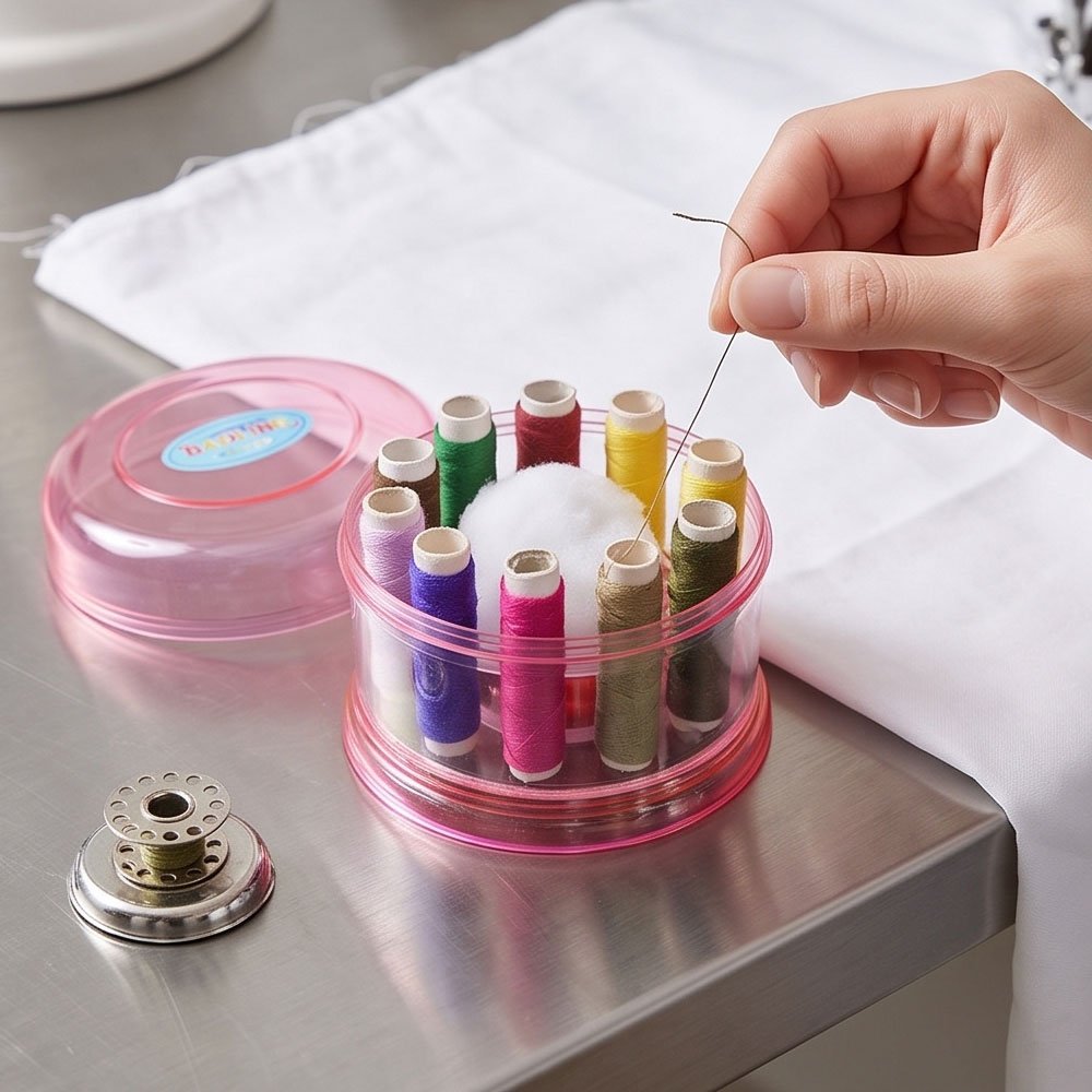 Round Clear Sewing Kit Storage Box Case with Multi Color Thread Spools - Image 5