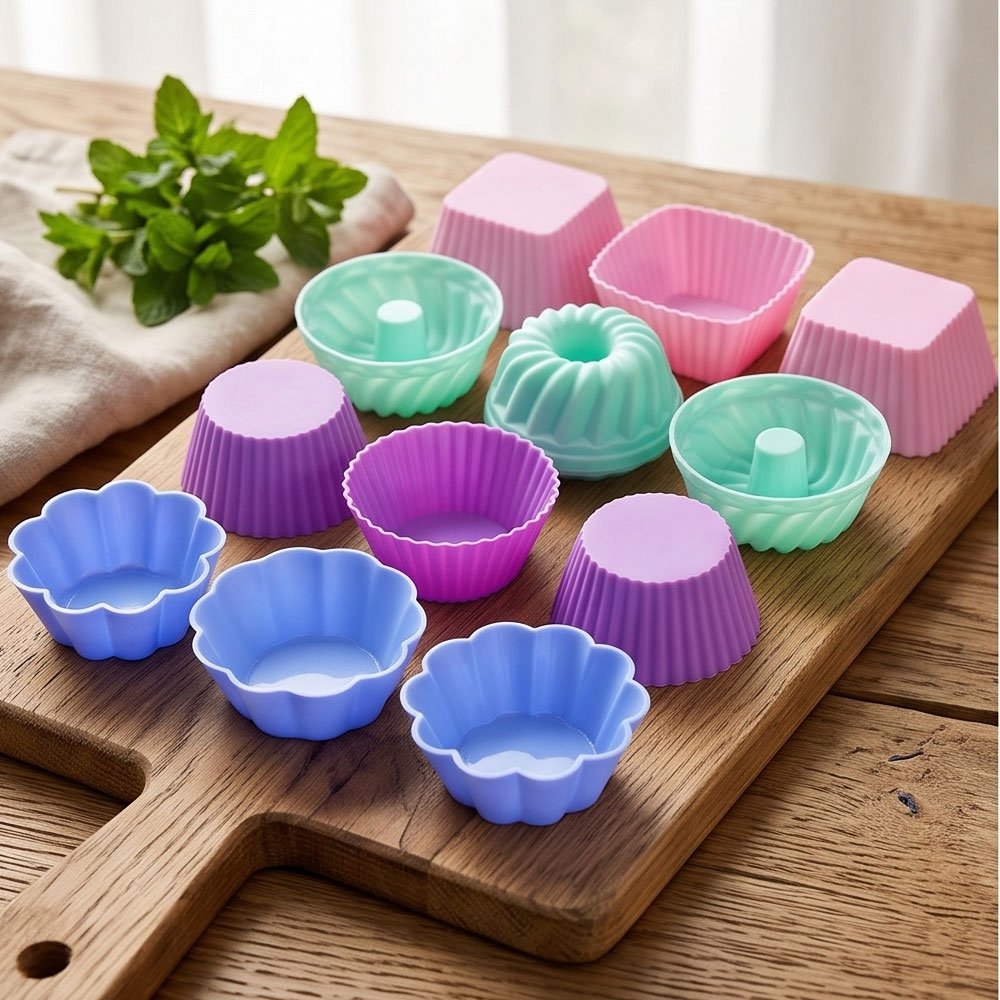 Reusable Silicone Cupcake Muffin Baking Cups Set Multi Shapes Colors Mold - Image 4