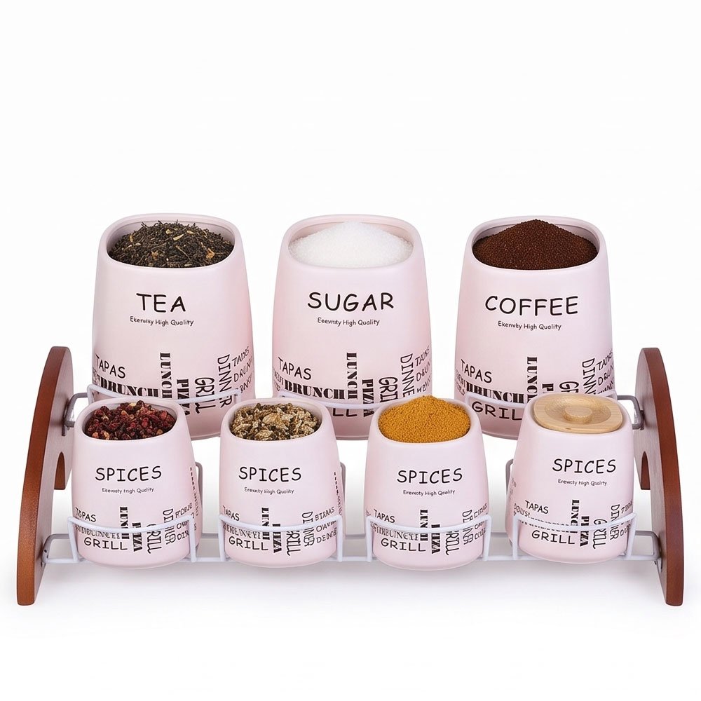 7-Piece Luxury Square Spice Jars Set with Wooden Stand and Airtight Lids for Modern Kitchens - Image 4