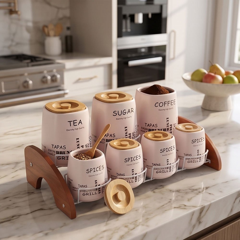 7-Piece Luxury Square Spice Jars Set with Wooden Stand and Airtight Lids for Modern Kitchens - Image 2