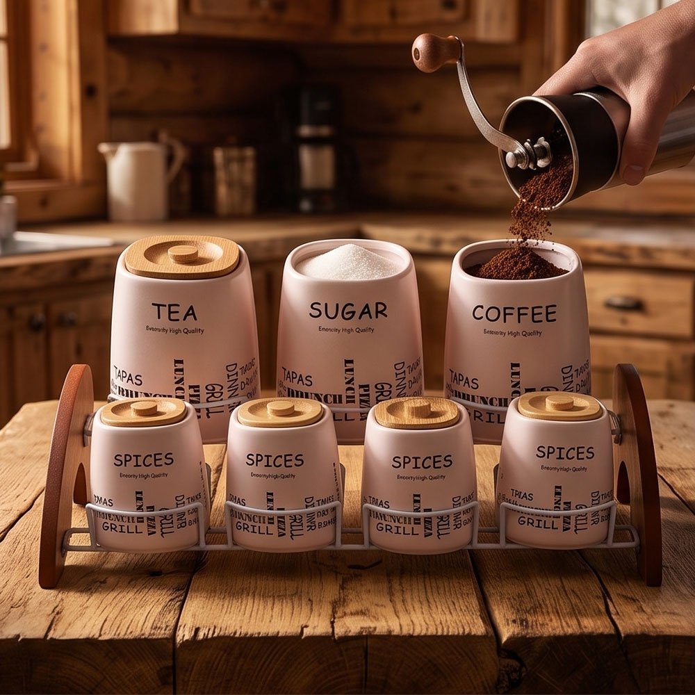 7-Piece Luxury Square Spice Jars Set with Wooden Stand and Airtight Lids for Modern Kitchens - Image 3