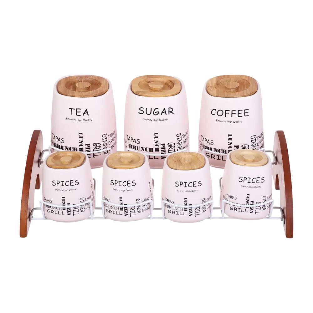 7-Piece Luxury Square Spice Jars Set with Wooden Stand and Airtight Lids for Modern Kitchens