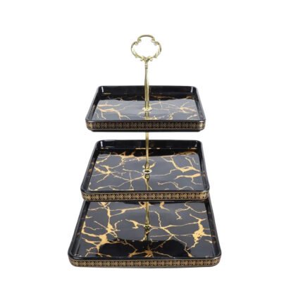 3-Tier Luxury Marble Porcelain Serving Stand Tray with Gold Handle for Desserts and Cupcakes