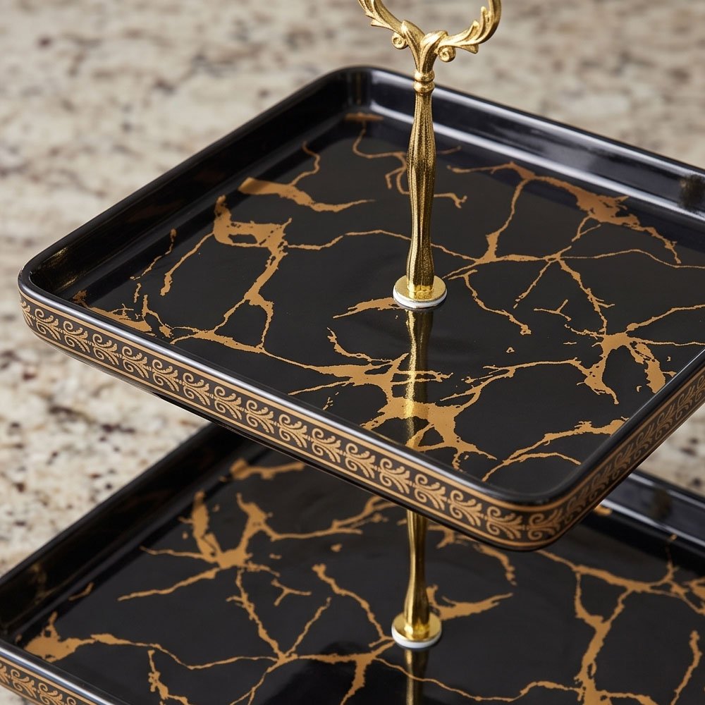 3-Tier Luxury Marble Porcelain Serving Stand Tray with Gold Handle for Desserts and Cupcakes - Image 2