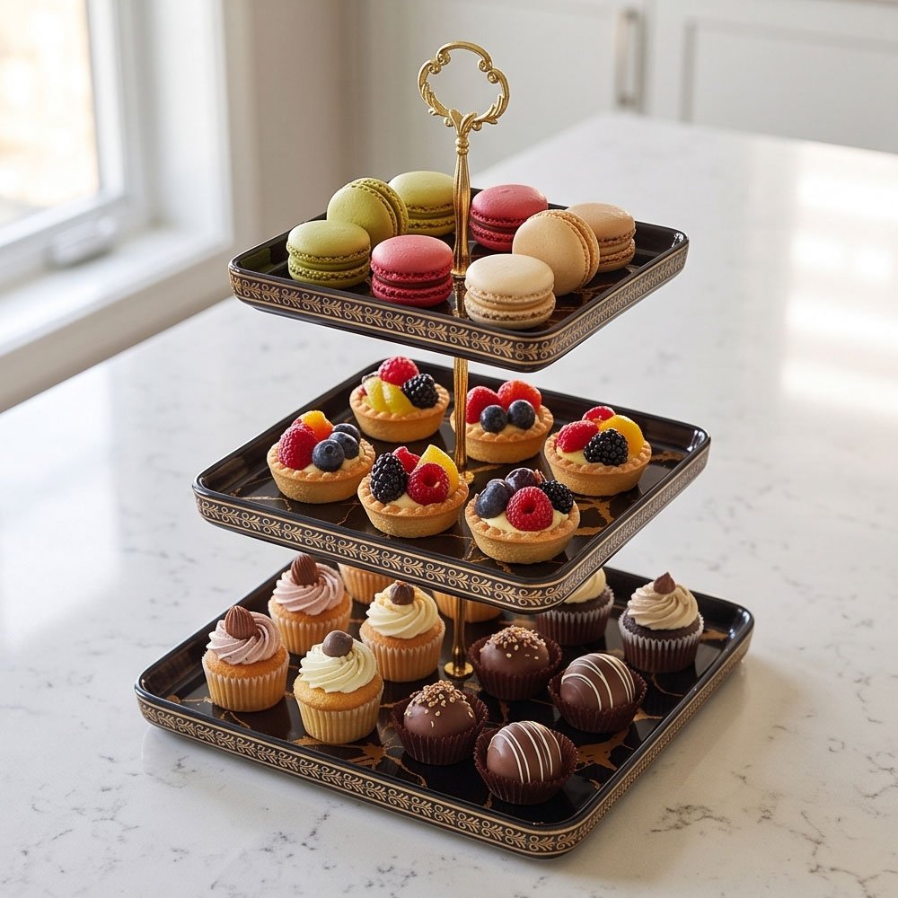 3-Tier Luxury Marble Porcelain Serving Stand Tray with Gold Handle for Desserts and Cupcakes - Image 3
