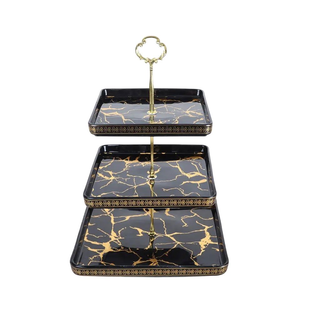 3-Tier Luxury Marble Porcelain Serving Stand Tray with Gold Handle for Desserts and Cupcakes