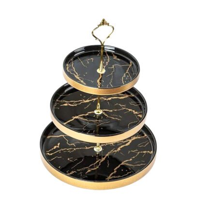 3-Tier Round Marble Porcelain Serving Stand Tray with Gold Edges for Desserts and Pastries