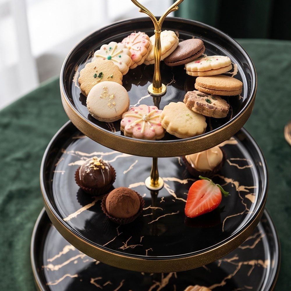 3-Tier Round Marble Porcelain Serving Stand Tray with Gold Edges for Desserts and Pastries - Image 2