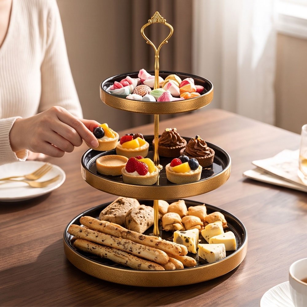 3-Tier Round Marble Porcelain Serving Stand Tray with Gold Edges for Desserts and Pastries - Image 3