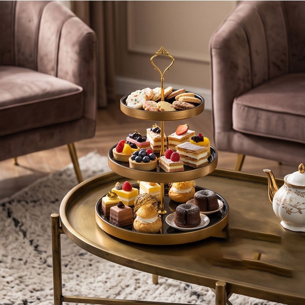 3-Tier Round Marble Porcelain Serving Stand Tray with Gold Edges for Desserts and Pastries - Image 4