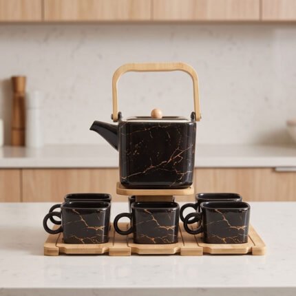 Luxury Marble Porcelain Tea Set with Teapot, Wooden Handle, 6 Cups and Wooden Base Tray Stand