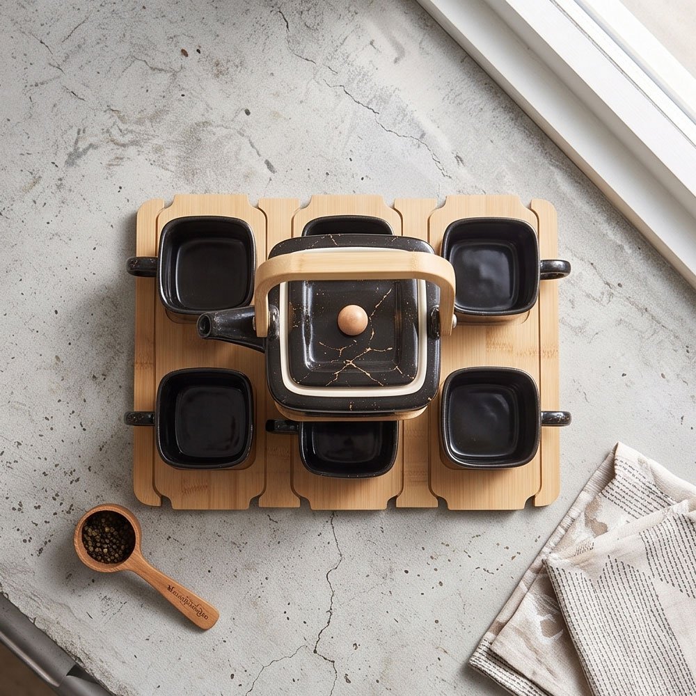 Luxury Marble Porcelain Tea Set with Teapot, Wooden Handle, 6 Cups and Wooden Base Tray Stand - Image 5