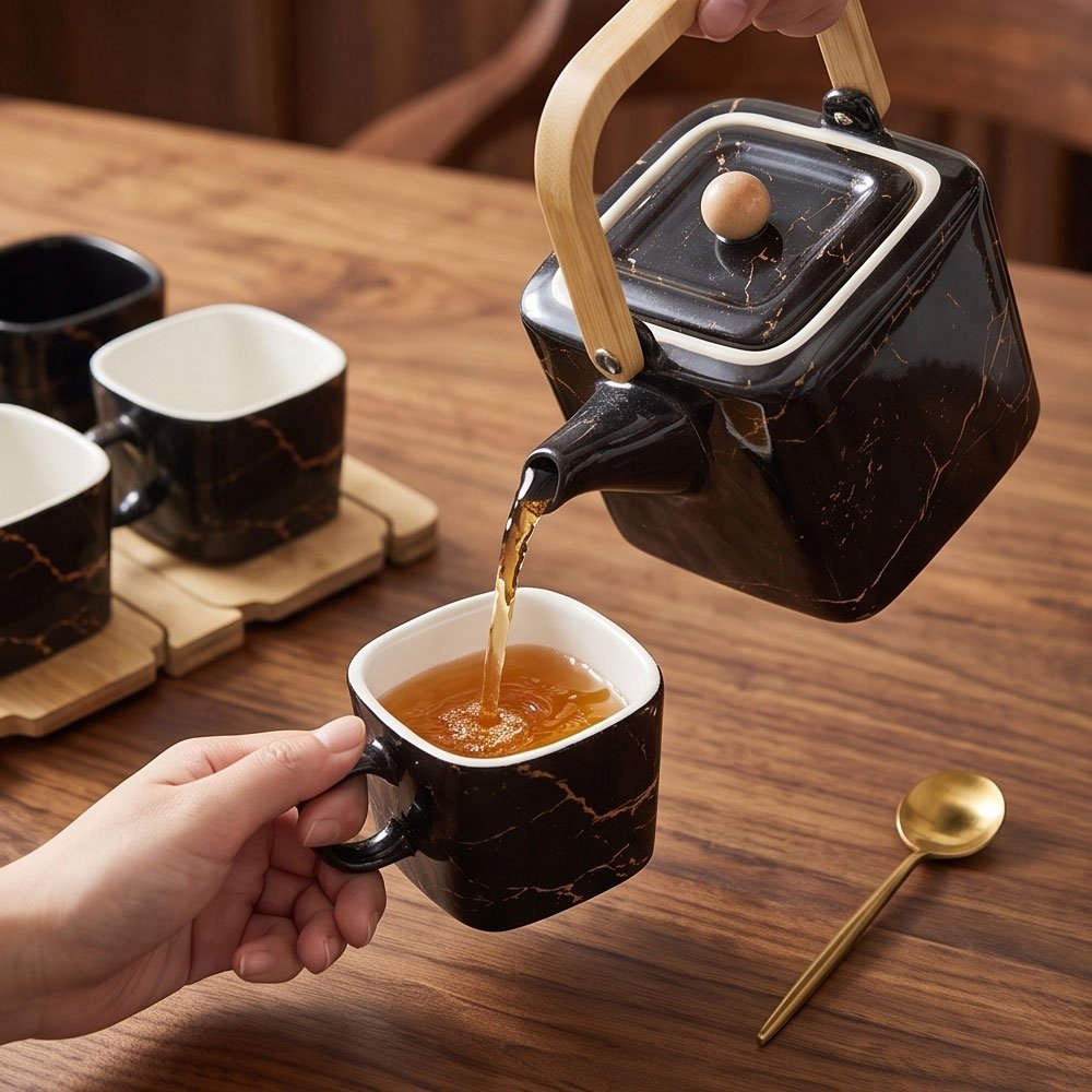 Luxury Marble Porcelain Tea Set with Teapot, Wooden Handle, 6 Cups and Wooden Base Tray Stand - Image 2