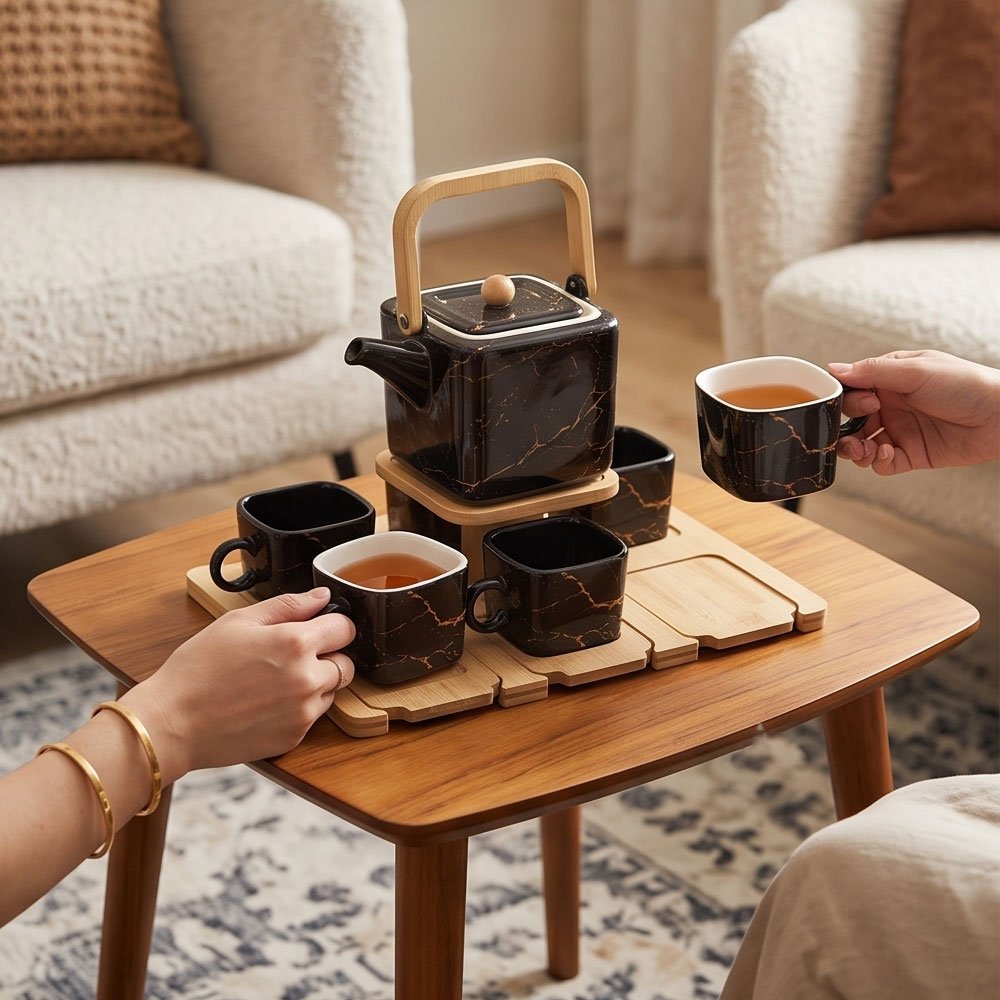 Luxury Marble Porcelain Tea Set with Teapot, Wooden Handle, 6 Cups and Wooden Base Tray Stand - Image 3