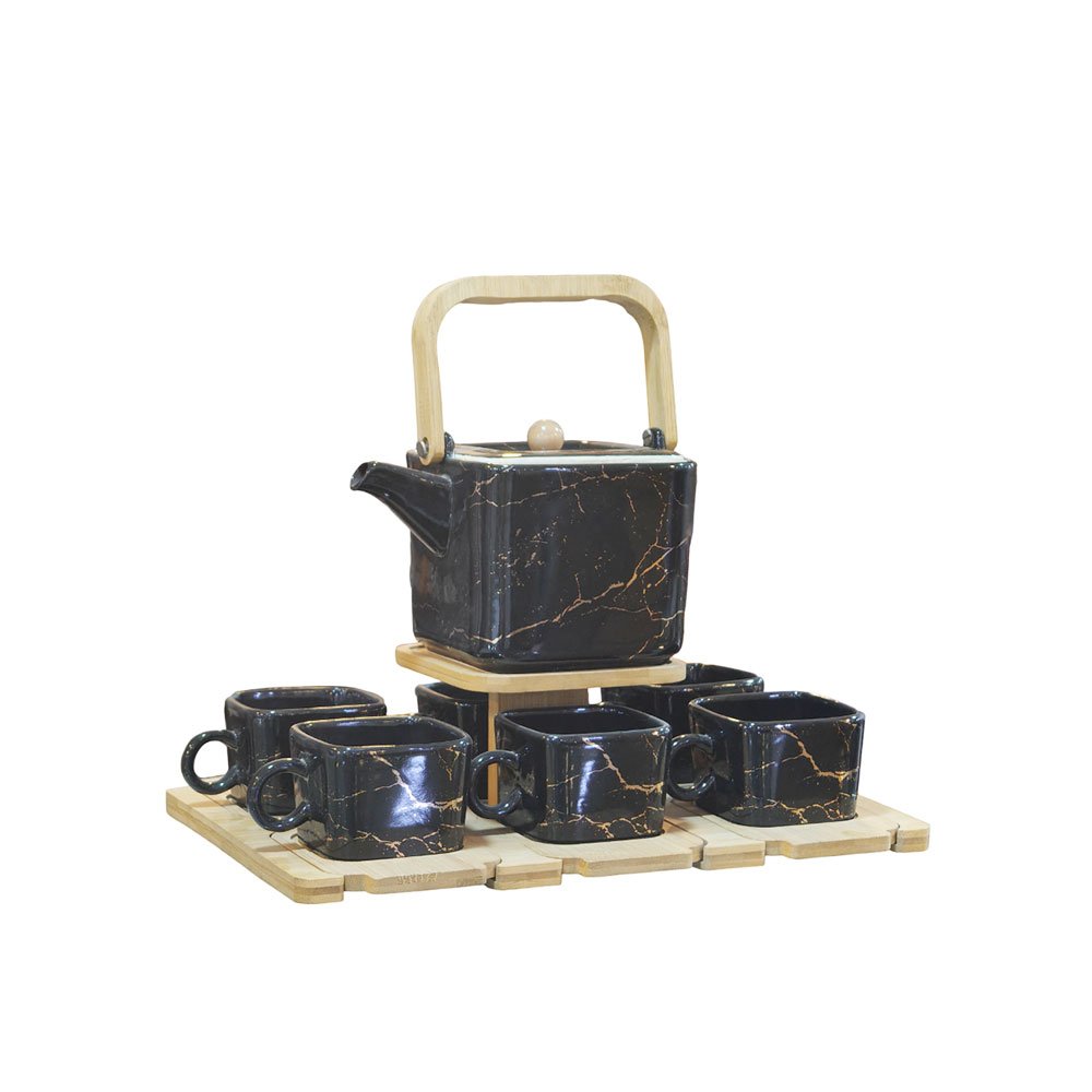 Luxury Marble Porcelain Tea Set with Teapot, Wooden Handle, 6 Cups and Wooden Base Tray Stand - Image 4