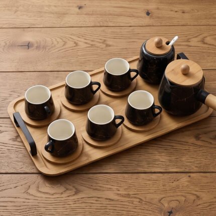 Luxury Black Marble Ceramic Coffee Set with Teapot Cezve, 6 Cups, Sugar Bowl, and Wooden Tray Stand