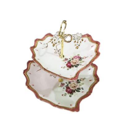 Luxury 2-Tier Porcelain Serving Stand with Vintage Floral Pattern and Gold Edges for Desserts and Fruits