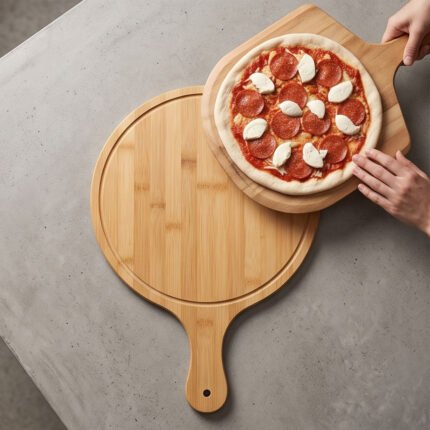 Natural Bamboo Wooden Pizza Peel Serving Board Paddle Tray with Handle Hole