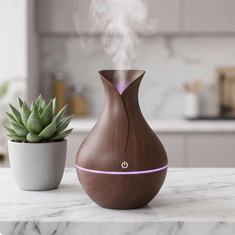 Ultrasonic Electric Air Humidifier and Essential Oil Diffuser Wooden Vase Design - Image 2