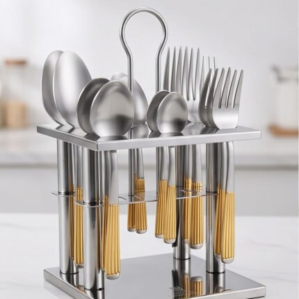 24-Piece Stainless Steel Cutlery Set with Gold Handles and Stand Holder Organizer