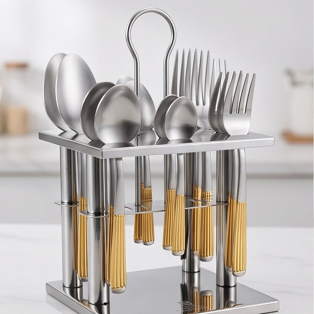 24-Piece Stainless Steel Cutlery Set with Gold Handles and Stand Holder Organizer