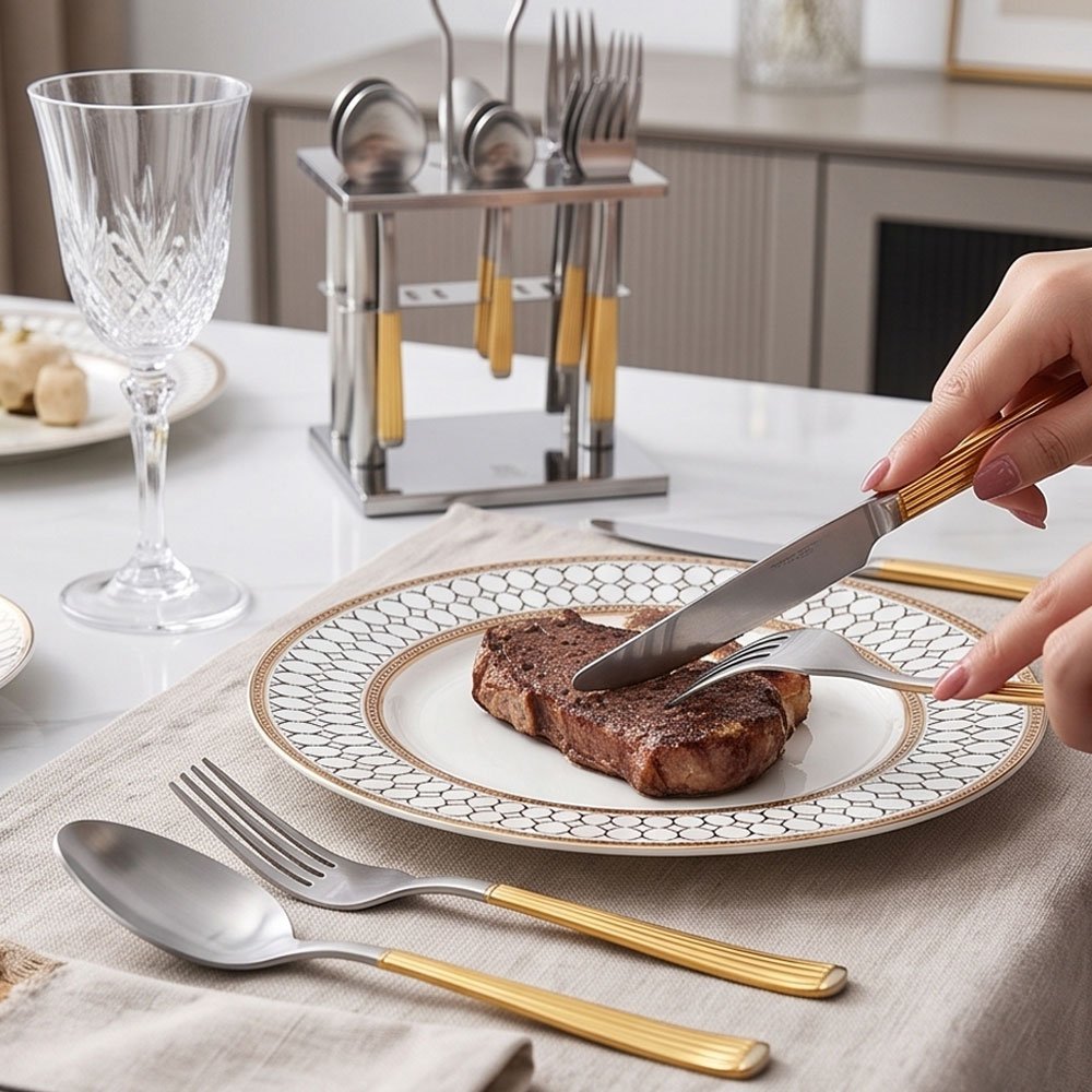24-Piece Stainless Steel Cutlery Set with Gold Handles and Stand Holder Organizer - Image 5