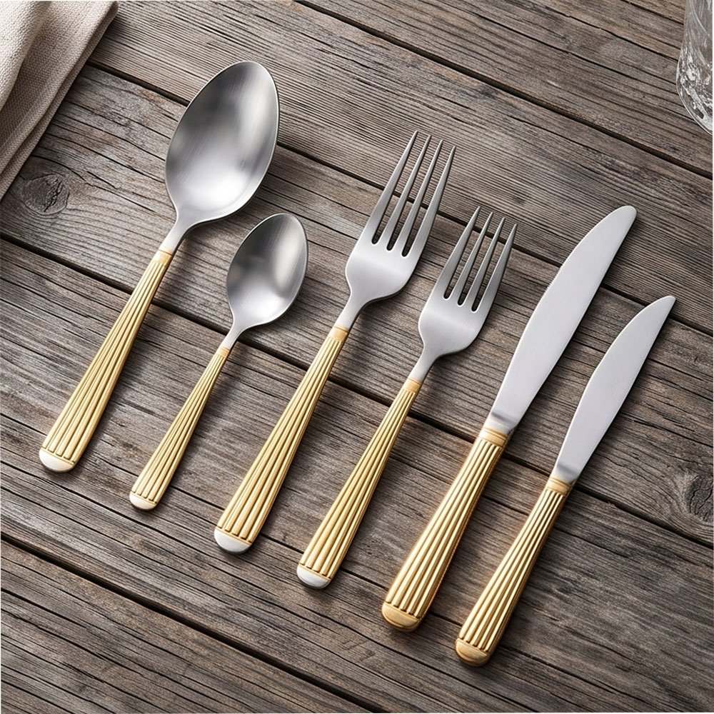 24-Piece Stainless Steel Cutlery Set with Gold Handles and Stand Holder Organizer - Image 4