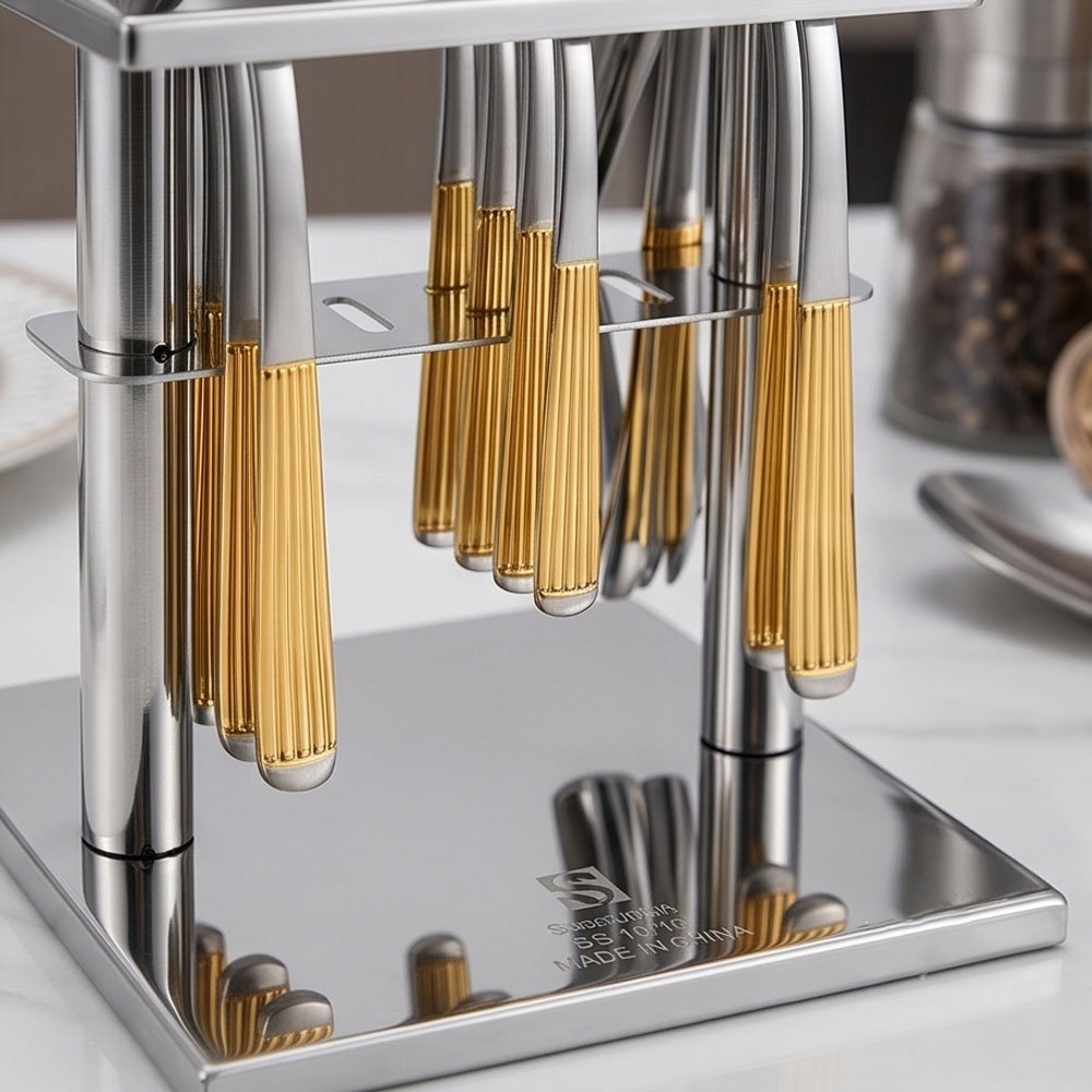 24-Piece Stainless Steel Cutlery Set with Gold Handles and Stand Holder Organizer - Image 3