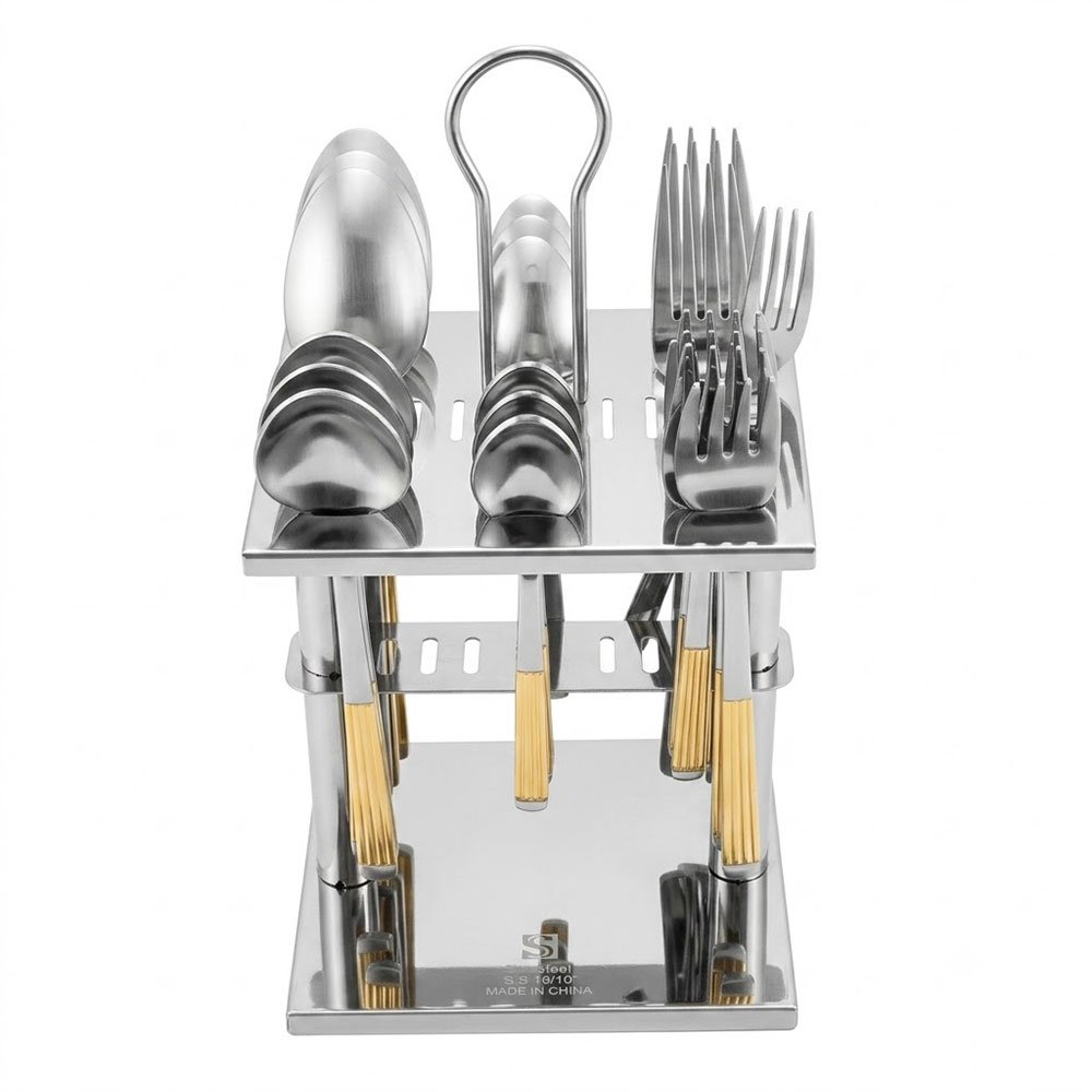 24-Piece Stainless Steel Cutlery Set with Gold Handles and Stand Holder Organizer - Image 2