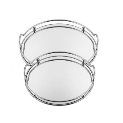 Round Mirror Serving Trays Set with Silver Chrome Metal Frame and Handles