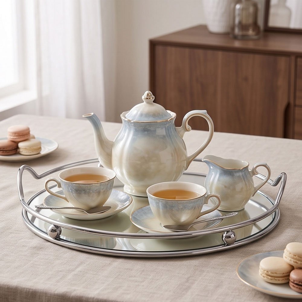 Round Mirror Serving Trays Set with Silver Chrome Metal Frame and Handles - Image 2