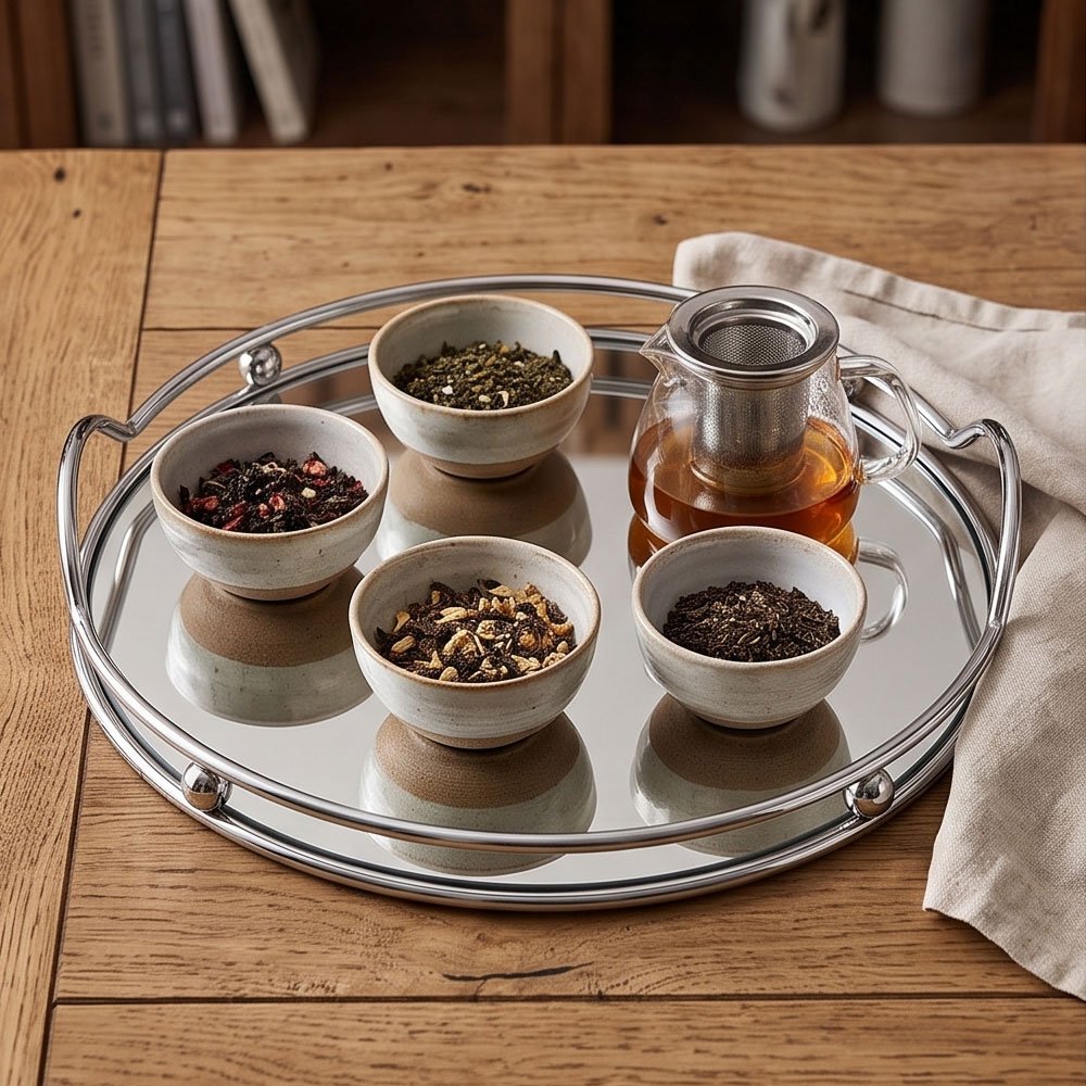 Round Mirror Serving Trays Set with Silver Chrome Metal Frame and Handles - Image 3
