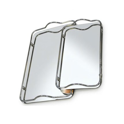 Rectangular Mirror Serving Trays Set with Silver Chrome Metal Frame & Handles