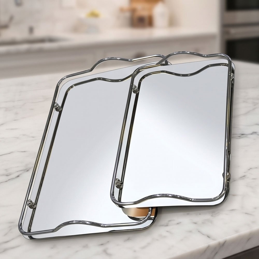 Rectangular Mirror Serving Trays Set with Silver Chrome Metal Frame & Handles - Image 2
