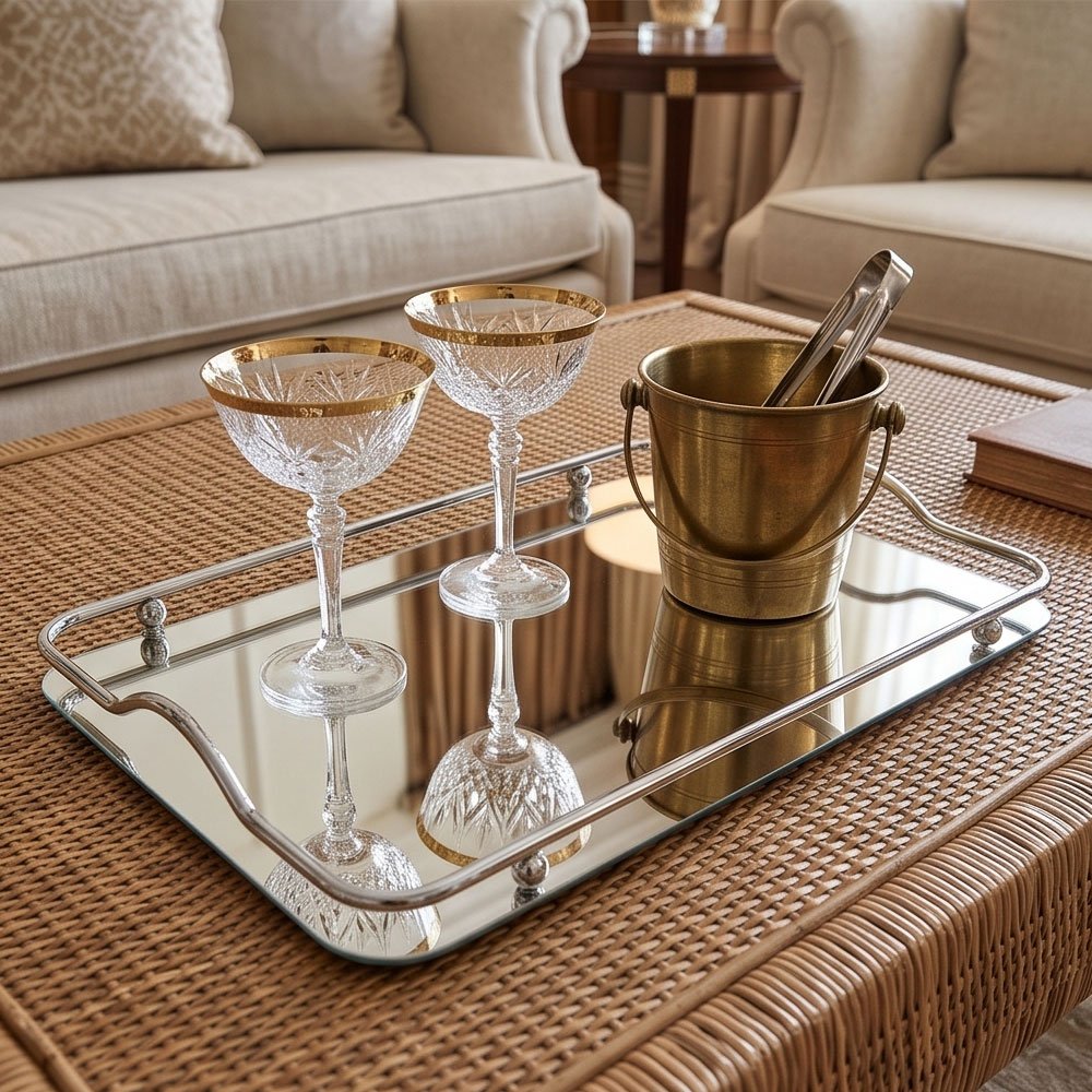 Rectangular Mirror Serving Trays Set with Silver Chrome Metal Frame & Handles - Image 3