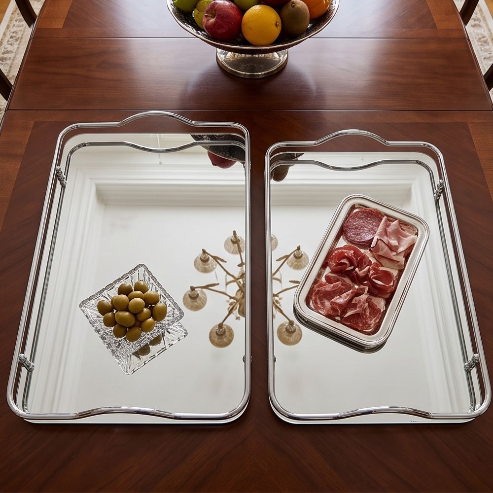 Rectangular Mirror Serving Trays Set with Silver Chrome Metal Frame & Handles - Image 4