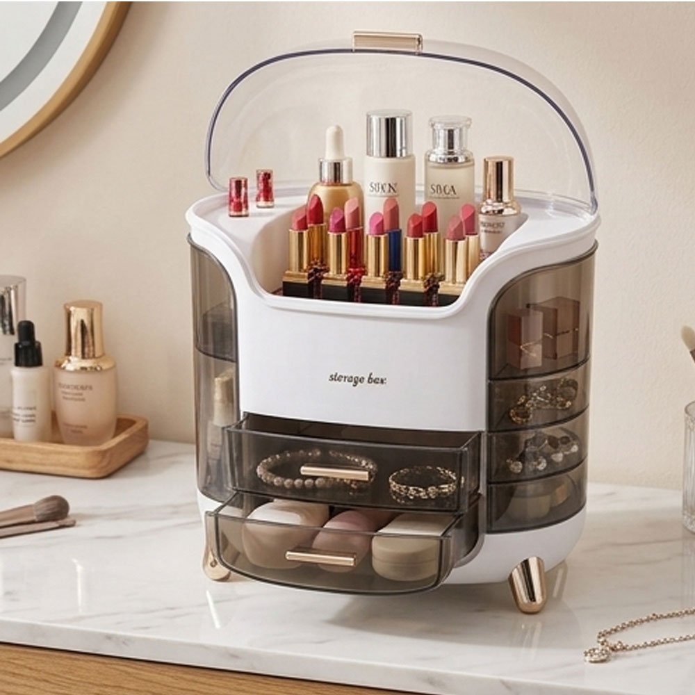 Large Makeup Organizer Box with Transparent Drawers and Top Cover for Cosmetics