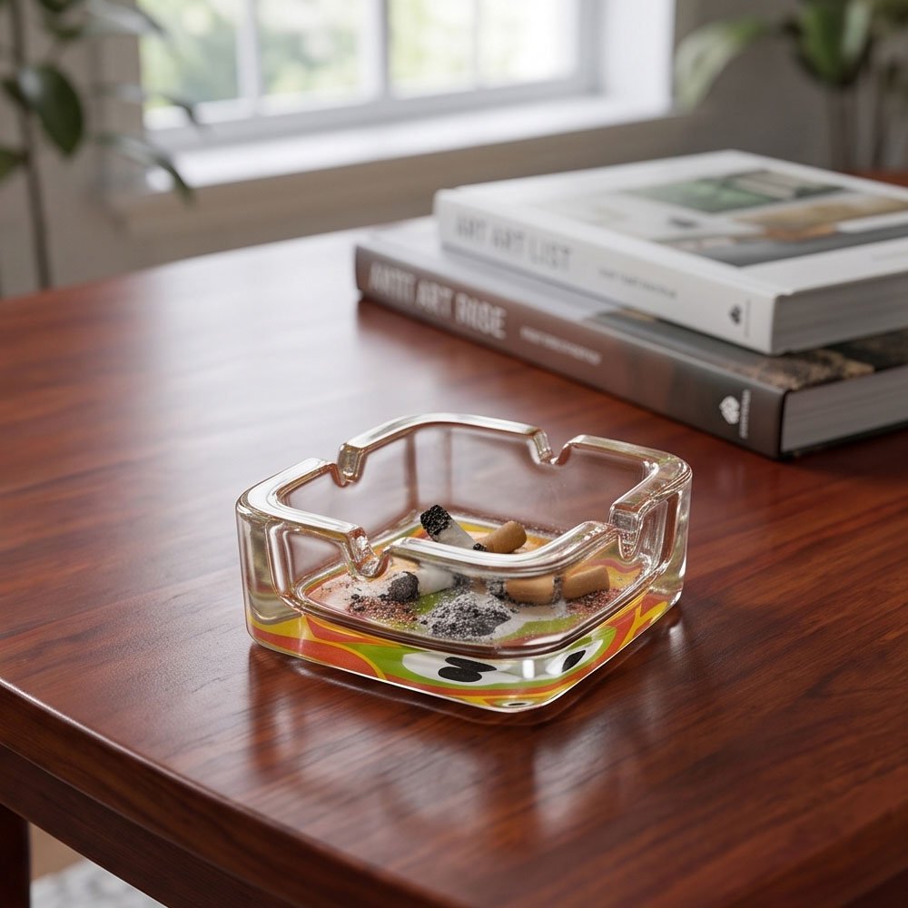 Thick Crystal Glass Ashtray with Printed Patterned Base for Home and Office - Image 3