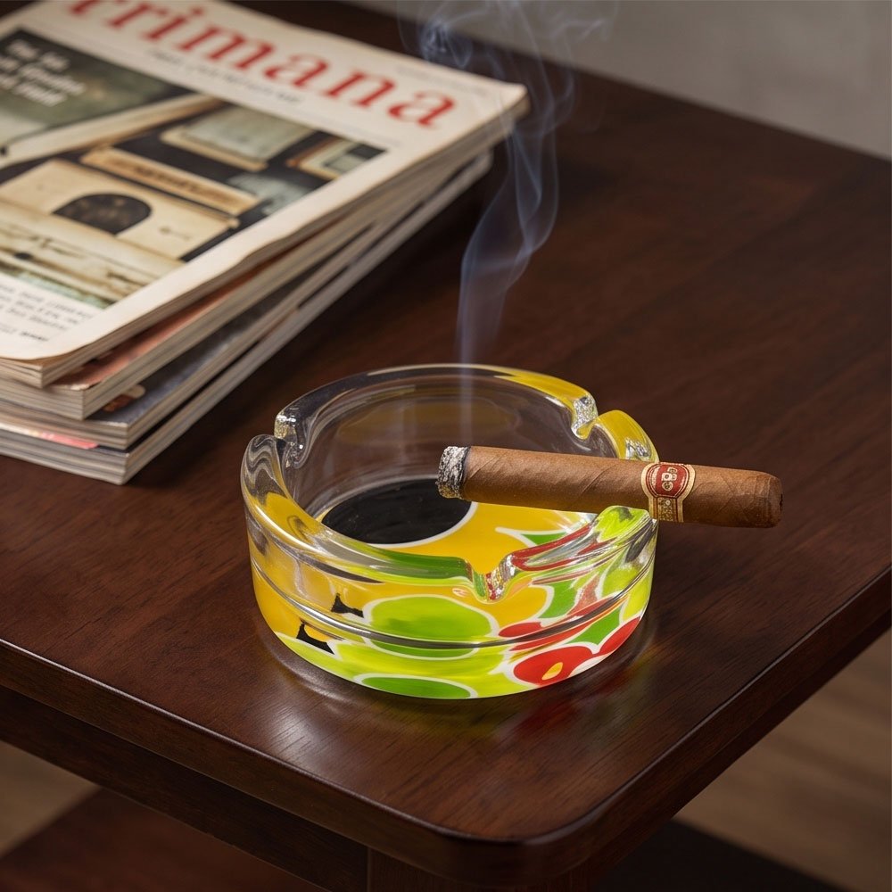 Thick Crystal Glass Ashtray with Printed Patterned Base for Home and Office - Image 5