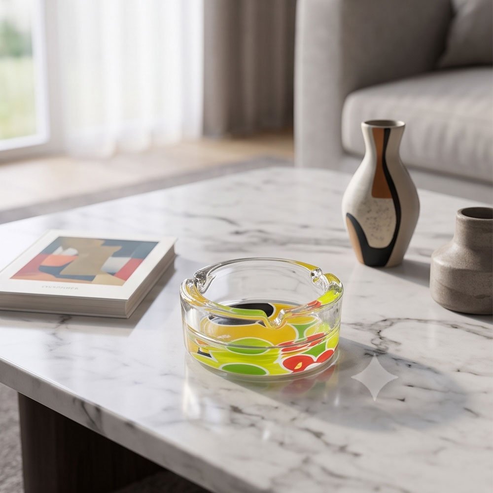 Thick Crystal Glass Ashtray with Printed Patterned Base for Home and Office - Image 6