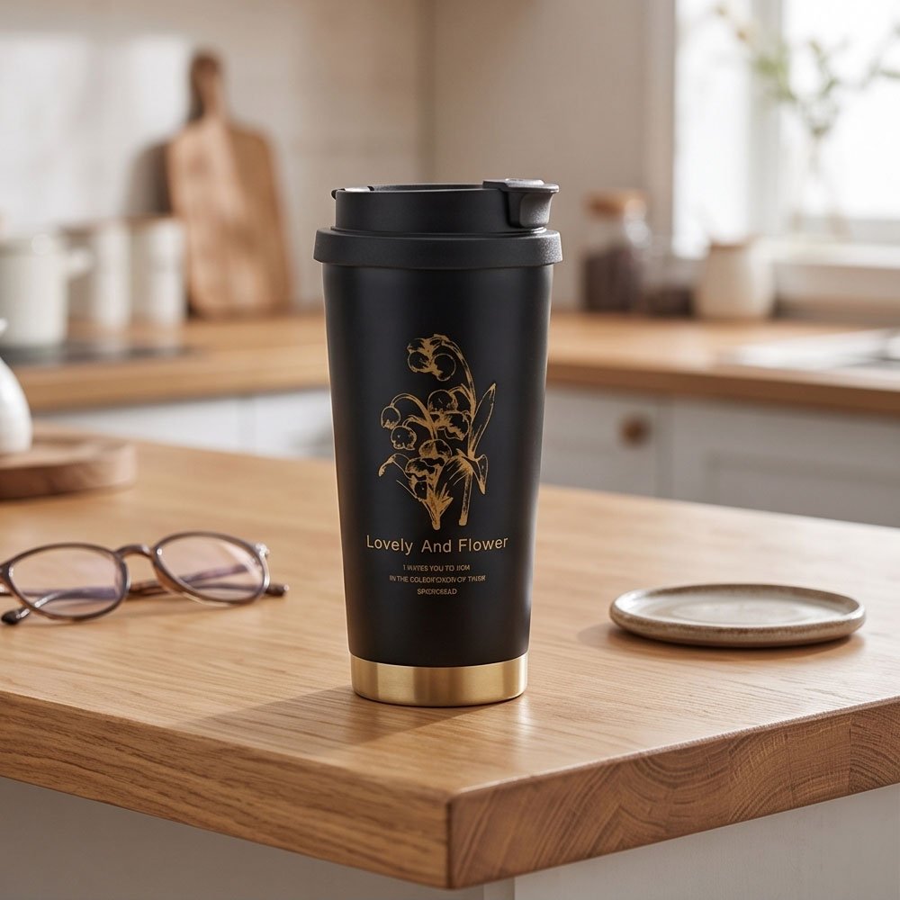 Stainless Steel Thermal Coffee Travel Mug Vacuum Insulated Tumbler Black Gold - Image 4