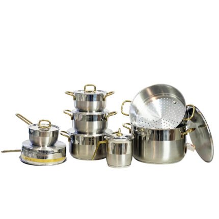 Alpha 14-Piece Gold-Accented Stainless Steel Cookware Set for Kitchen Cooking