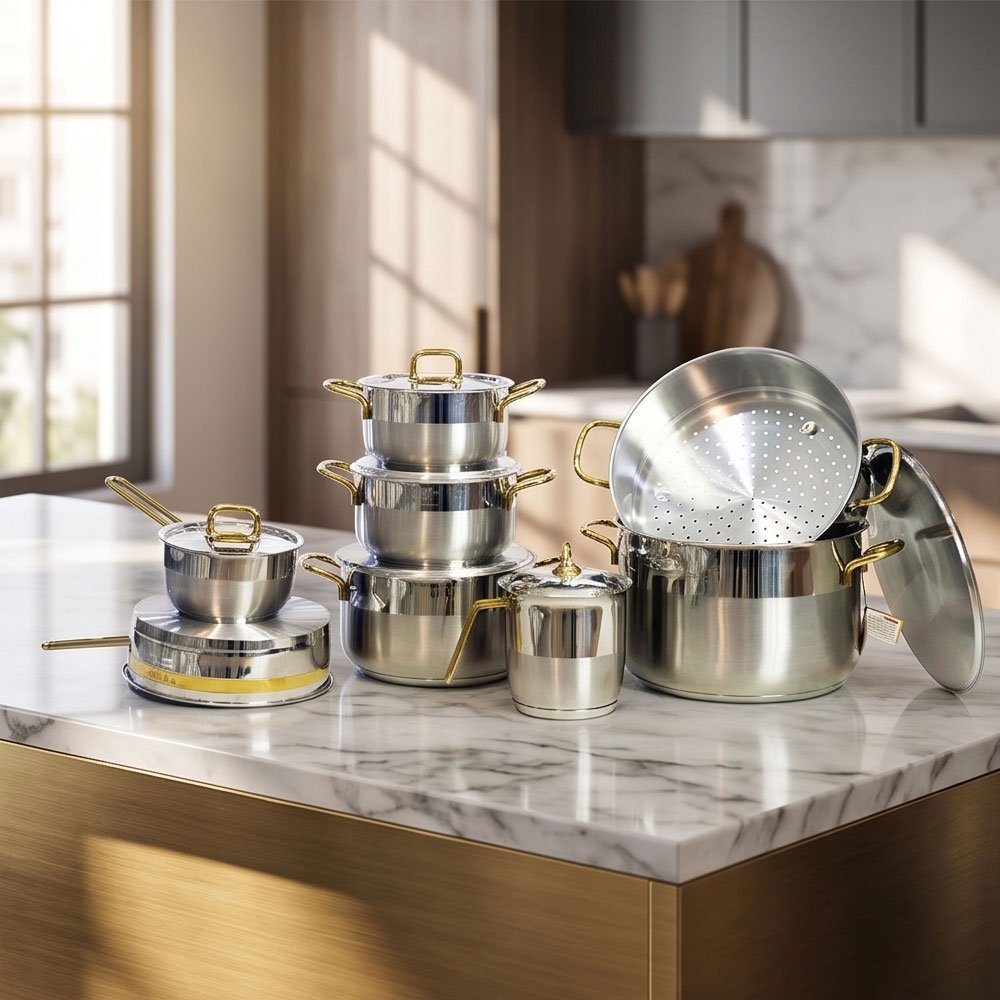 Alpha 14-Piece Gold-Accented Stainless Steel Cookware Set for Kitchen Cooking - Image 2