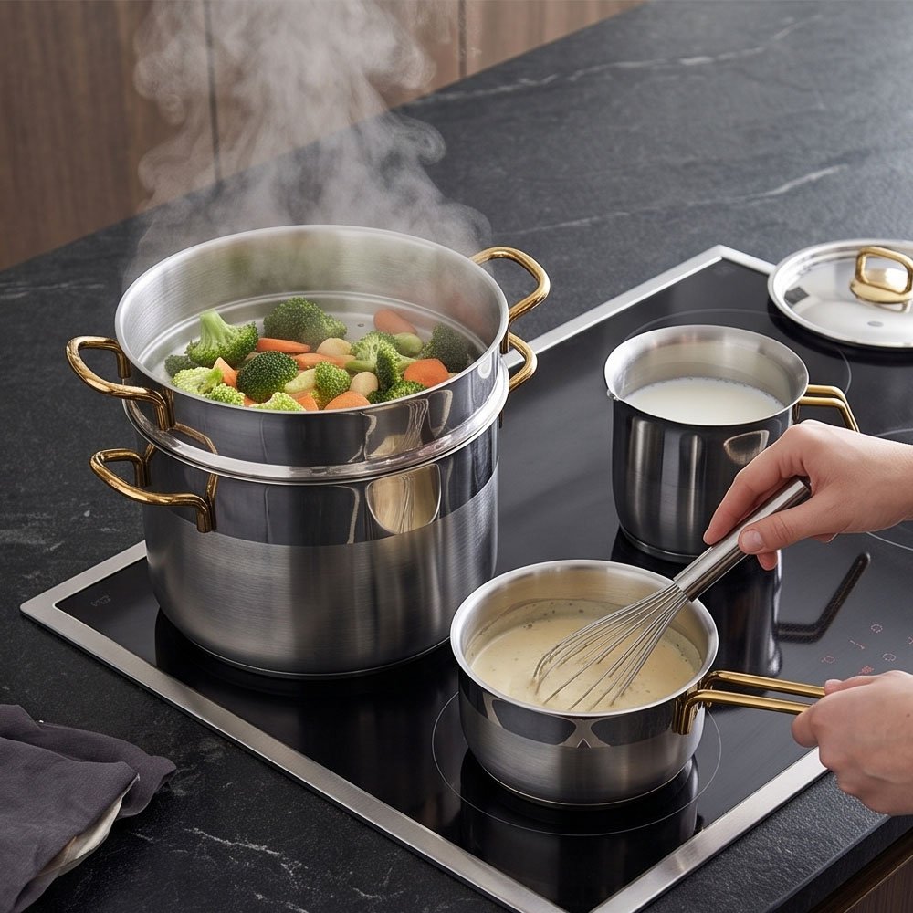 Alpha 14-Piece Gold-Accented Stainless Steel Cookware Set for Kitchen Cooking - Image 3